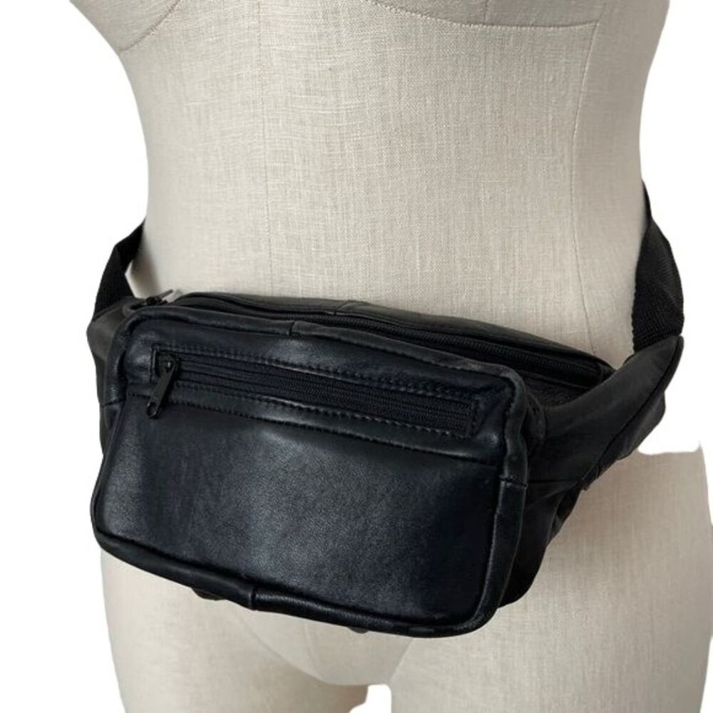 Vintage Leather Belt Bag Fanny Pack Black 3 Zippered Pockets One Size